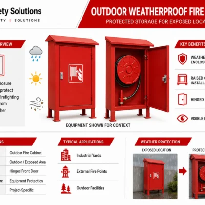 Red outdoor weatherproof fire cabinet with rain hood and raised installation