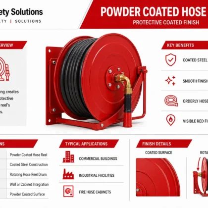 Red powder coated fire hose reel with smooth drum finish black hose and nozzle