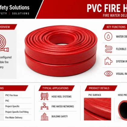 AJ Safety Solutions red and white technical infographic showing a coiled red PVC fire hose