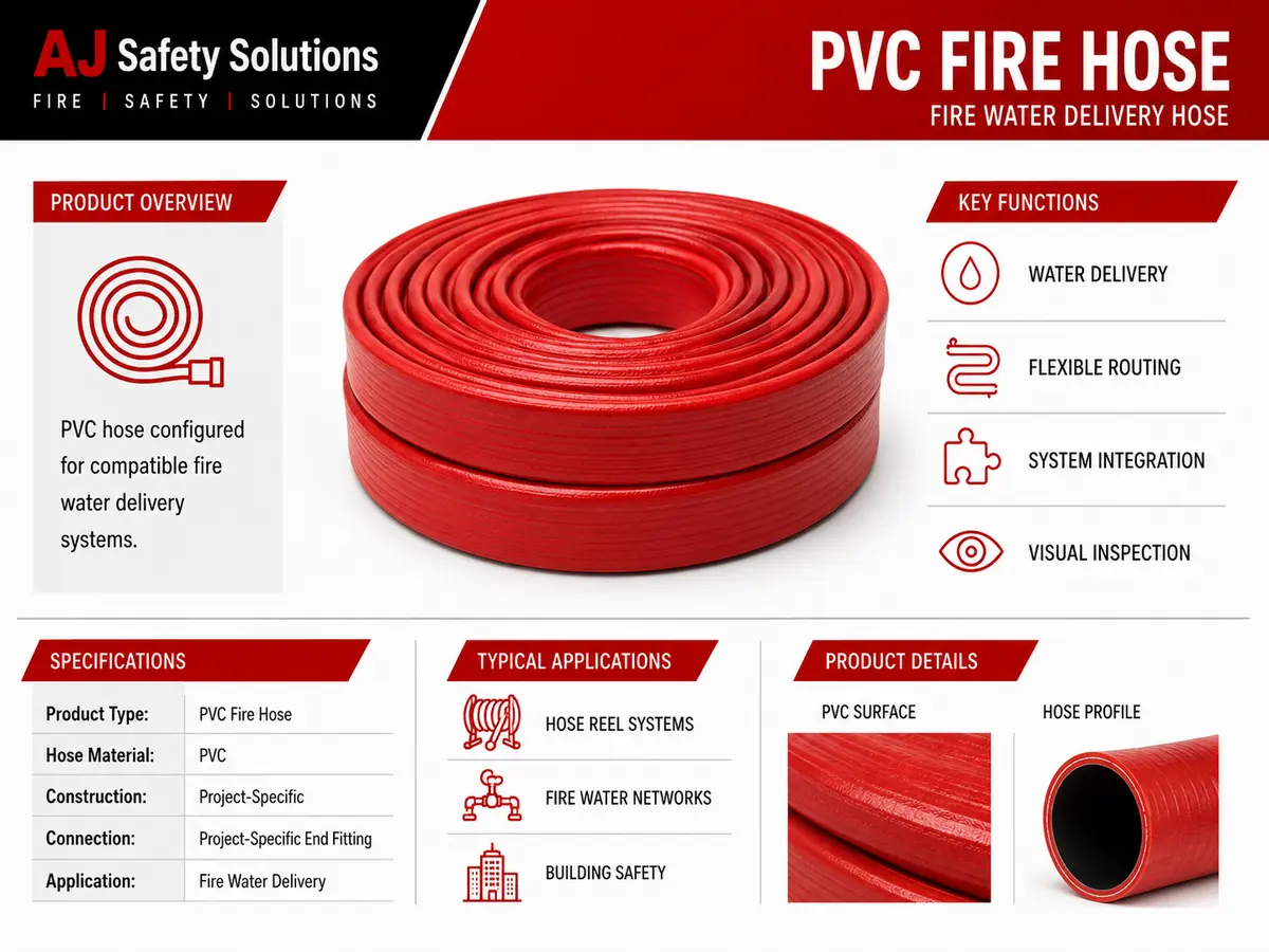 AJ Safety Solutions red and white technical infographic showing a coiled red PVC fire hose