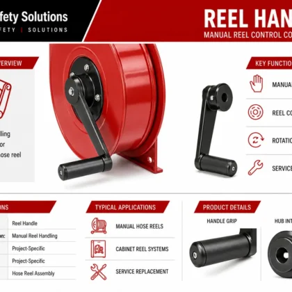 AJ Safety Solutions technical infographic showing a black manual handle at a red hose reel hub