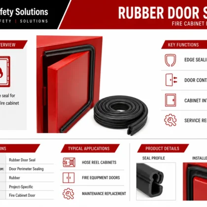 AJ Safety Solutions technical infographic showing a black rubber seal around a red cabinet door edge