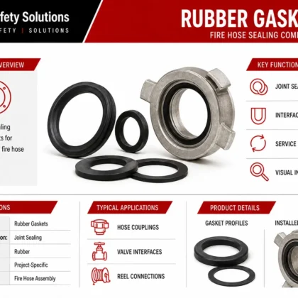 AJ Safety Solutions technical infographic showing black rubber gasket profiles beside a hose coupling interface