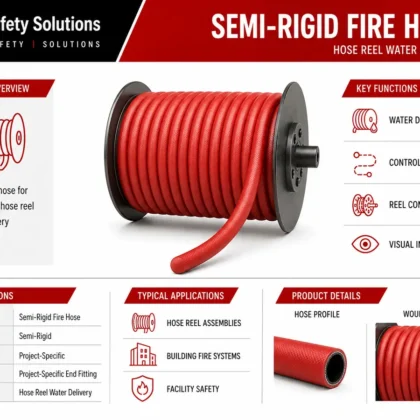 AJ Safety Solutions technical infographic showing semi-rigid red fire hose wound on a reel drum