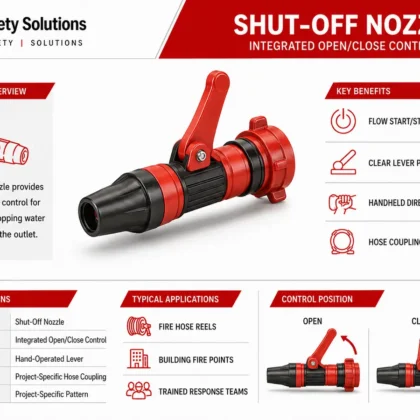 Red and black fire hose shut-off nozzle with hand-operated lever and open closed diagram