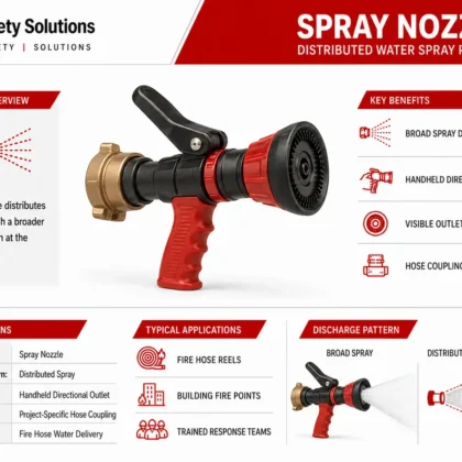Red and black handheld spray nozzle with broad distributed water pattern diagram