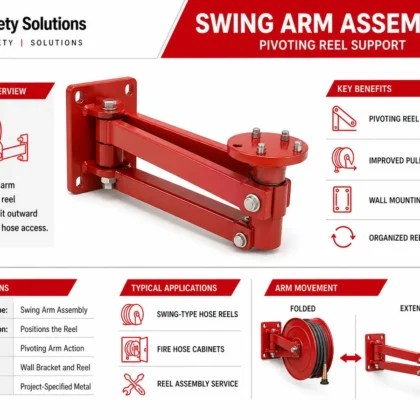 Red fire hose reel swing arm assembly with wall bracket pivots and reel context
