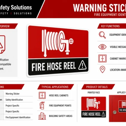 AJ Safety Solutions infographic showing a red and black fire hose reel warning sticker on a cabinet