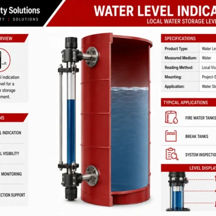 Vertical water level indicator mounted beside a fire water tank with visible level column