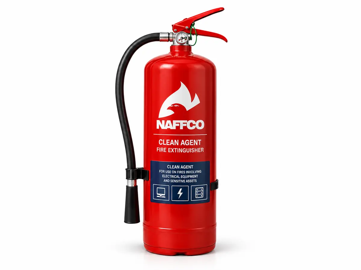 NAFFCO Clean Agent Fire Extinguisher – 4kg technical specifications and application infographic