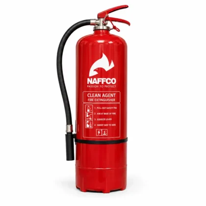 NAFFCO Clean Agent Fire Extinguisher – 9kg technical specifications and application infographic