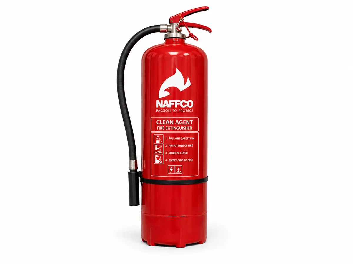 NAFFCO Clean Agent Fire Extinguisher – 9kg technical specifications and application infographic