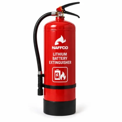 NAFFCO Lithium Battery Fire Extinguisher technical specifications and application infographic