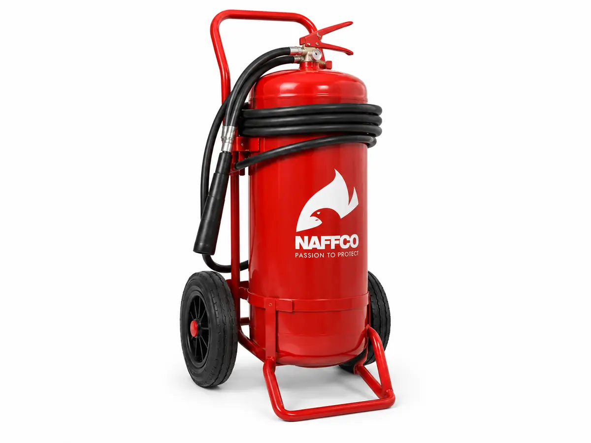 NAFFCO Mobile DCP Fire Extinguisher technical specifications and application infographic