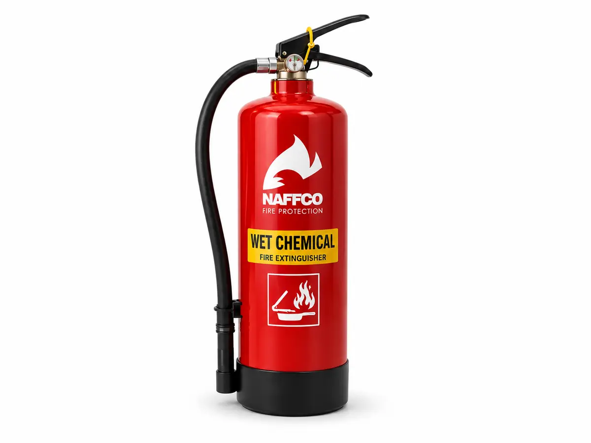 NAFFCO Wet Chemical Fire Extinguisher – 2L technical specifications and application infographic