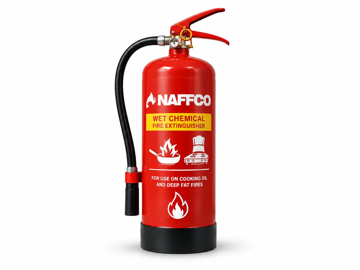 NAFFCO Wet Chemical Fire Extinguisher – 6L technical specifications and application infographic